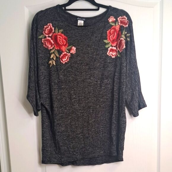 Charcoal Gray Top with Red Floral Embroidery - Picture 1 of 3